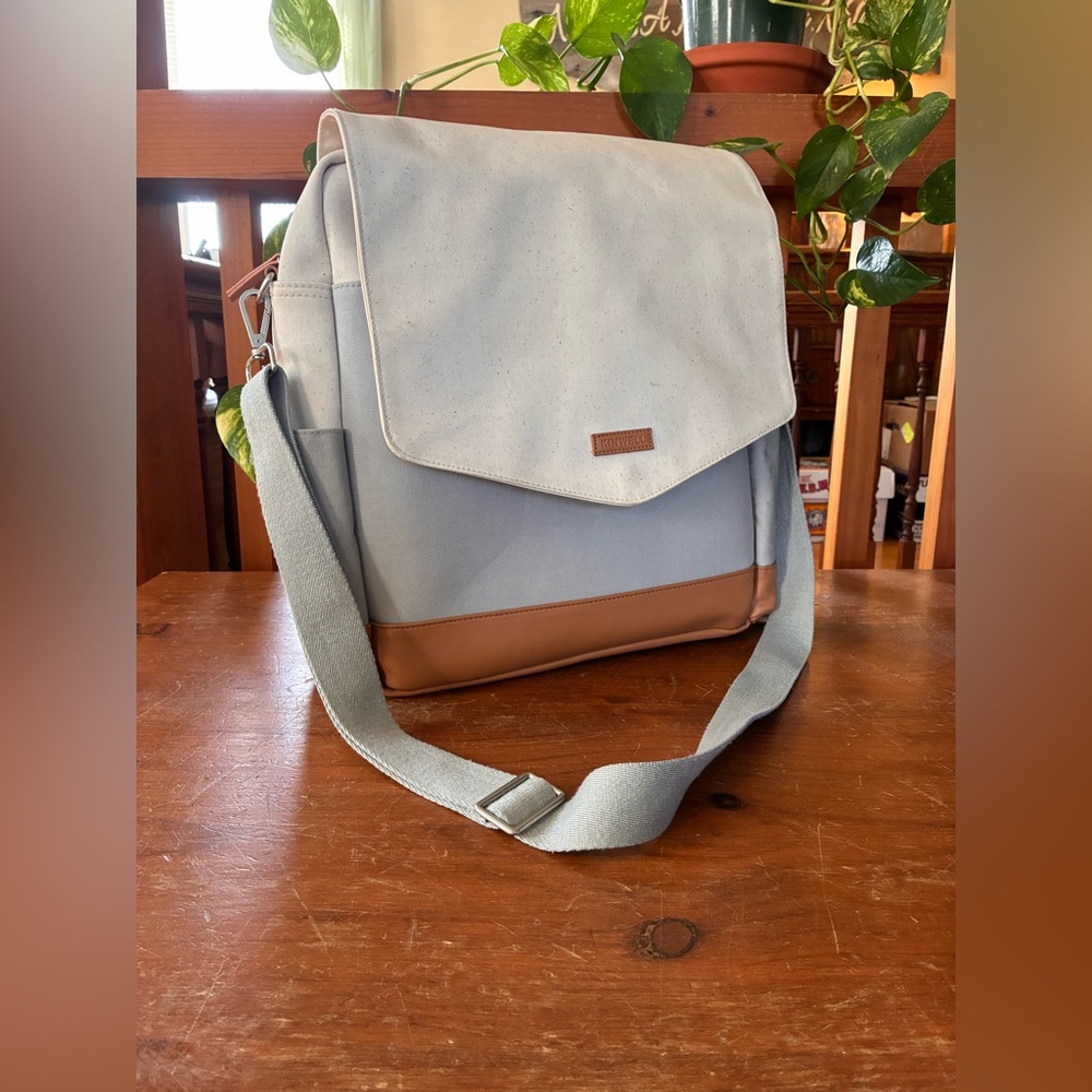 Kinwell Diaper Bag Backpack - Gray, Camel and Cream; Canvas and Vegan Leather